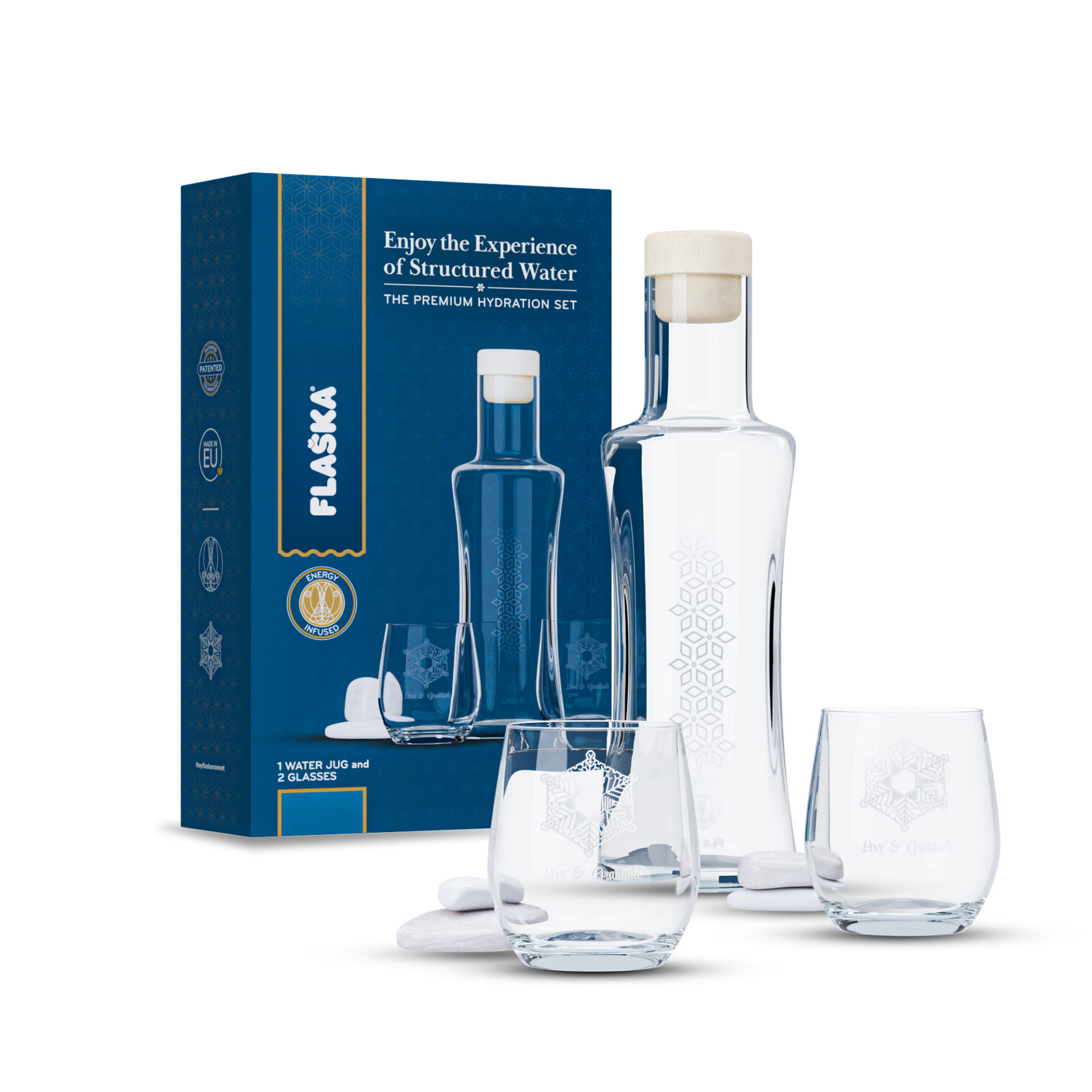 Coffret carafe dynamisante VODAN + deux verres Emoto