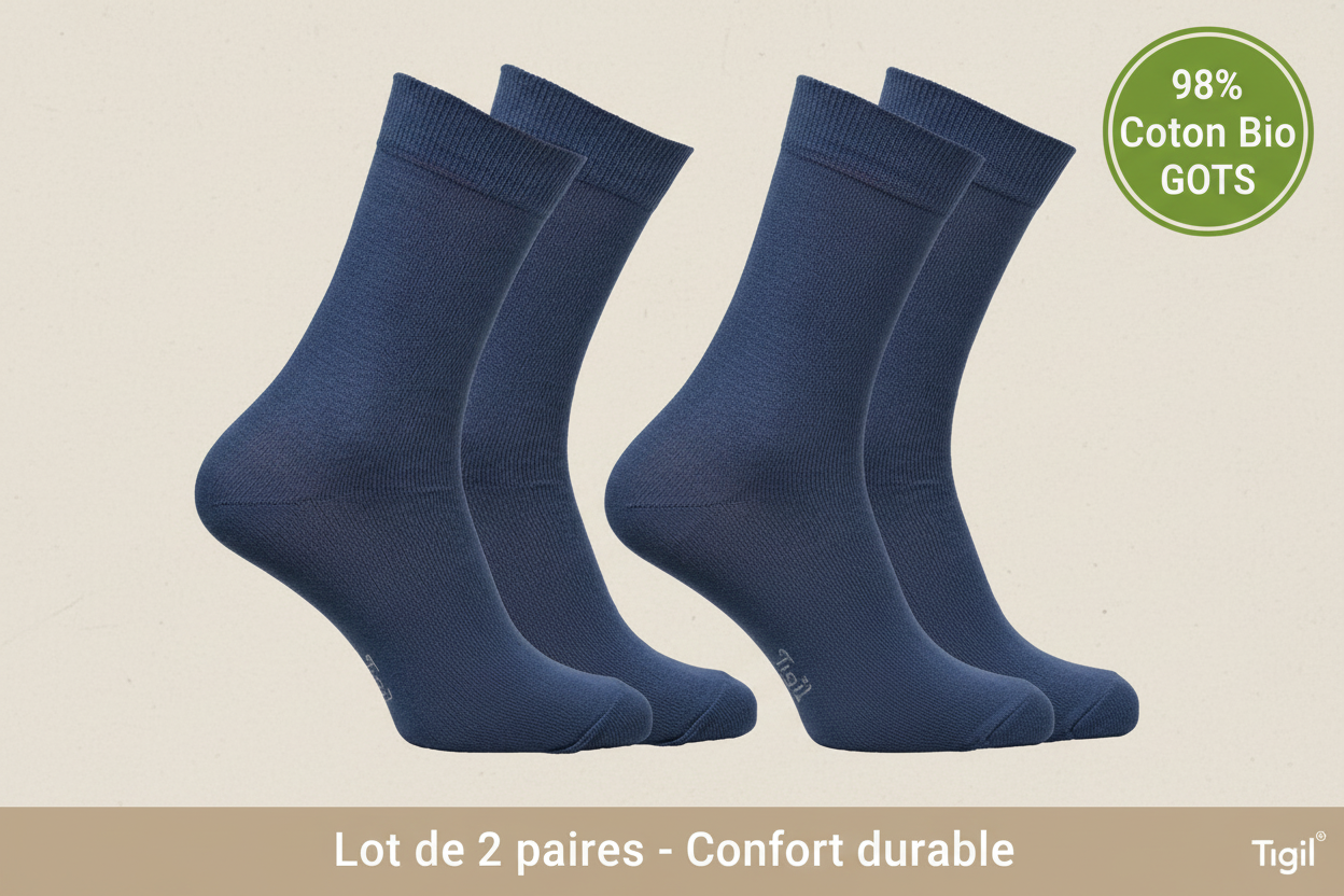 Chaussettes Opala standard coton bio bleu marine lot de deux paires